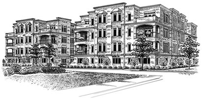 Pen and ink portrait of condominium building