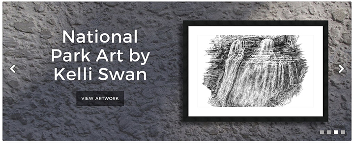 Pencil drawings of the Cuyahoga Valley National Park: CVNP Headquarters in Jaite, Brandywine Falls, Virginia-Kenall Ledges - Approach to Ice Box Cave and Locomotive 4241 from the Scenic Railroad at the Brecksville Station.